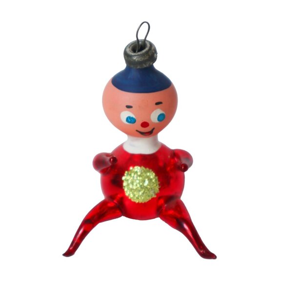 Vintage Mercury Glass Christmas Tree Ornament - Red & Blue Elf Figurine With Gli - Picture 1 of 7
